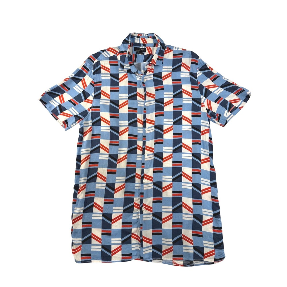 Zara Man Geometric Abstract Print red white blue Short Sleeve button up Shirt L